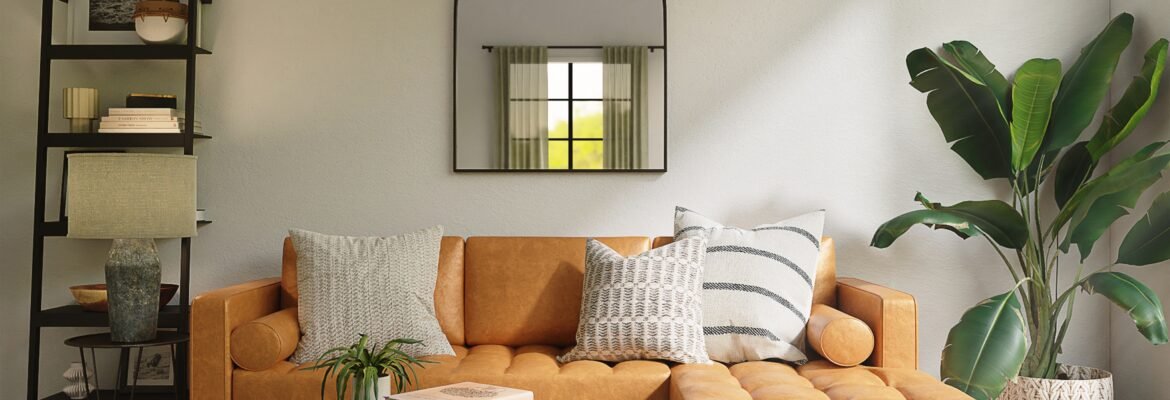 A modern living room with a tan corner sofa, patterned cushions, a round black coffee table, large patterned rug, potted plant, black shelf with decor, and wall mirror—ideal for company lets London or an Elite Property London guaranteed rent scheme.