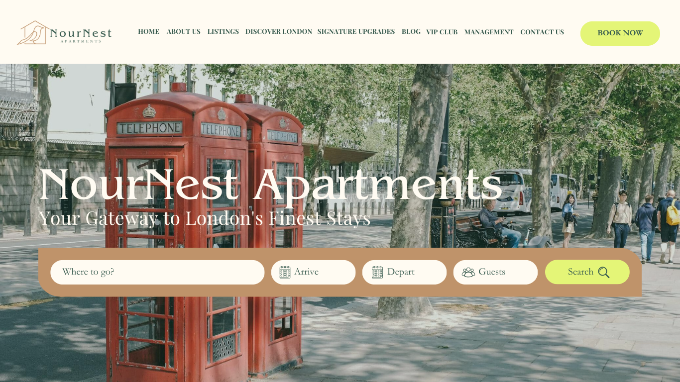 Two classic red British telephone boxes on a sunny London pavement, with trees and people nearby. Website overlay promotes Elite Property London, highlighting serviced apartments and a search bar for stays.